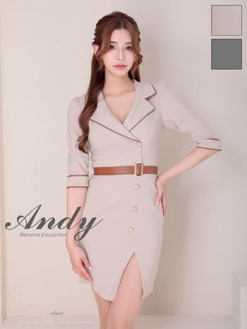 キャバドレス Andy アンディ 袖あり アシンメトリー パイピング 飾りボタン 襟つき 飾りベルト タイトミニドレス