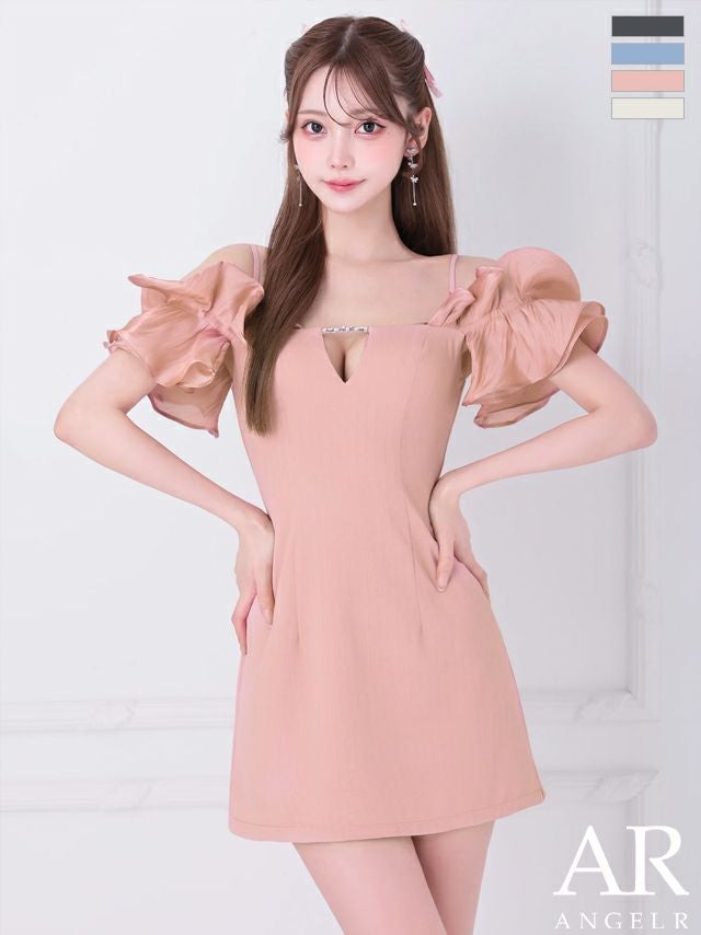 キャバドレス Angel R エンジェルアール バストチャーム 肩あき ビジュー フリルスリーブ 半袖 ガーリー フレアミニドレス