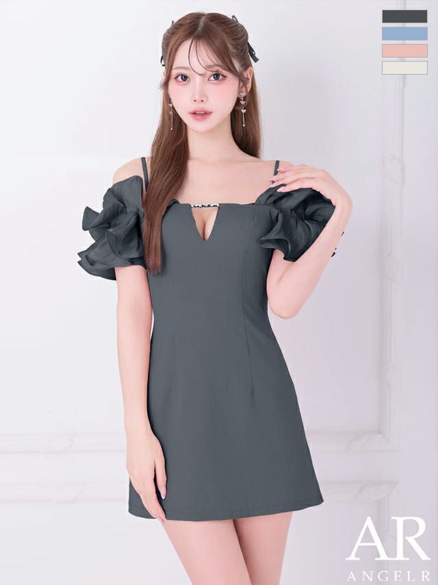 キャバドレス Angel R エンジェルアール 半袖 ガーリー 肩あき バストチャーム フリルスリーブ ビジュー フレアミニドレス