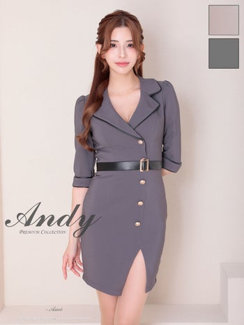 キャバドレス Andy アンディ アシンメトリー 袖あり パイピング 飾りボタン 襟つき 飾りベルト タイトミニドレス
