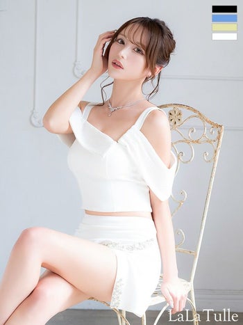 キャバドレス Angel R エンジェルアール セットアップ フェミニン 肩あき アシンメトリー ビジュー スリット タイトミニドレス