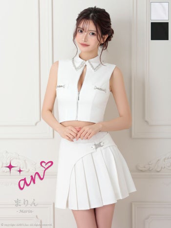 キャバドレス an アン ビジュー セットアップ ノースリーブ プリーツ バストジップ タイトミニドレス