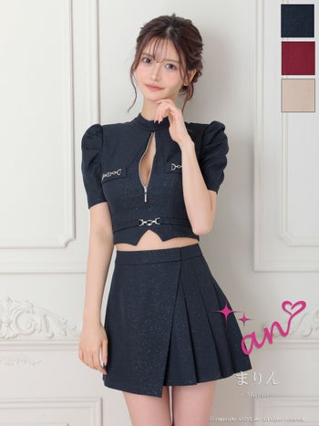 キャバドレス an アン ラメ パフスリーブ チェーン アシンメトリー セットアップ ジップデザイン 半袖 フレアミニドレス