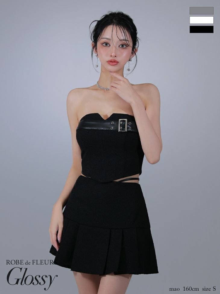キャバドレス Glossy ROBE de FLEURS グロッシー ローブドフルール ベルトデザイン ツイード キャミソール セットアップ 合皮 レザーコード フレアミニドレス