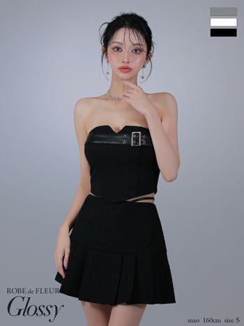 キャバドレス Glossy ROBE de FLEURS グロッシー ローブドフルール ベルトデザイン ツイード キャミソール セットアップ 合皮 レザーコード フレアミニドレス