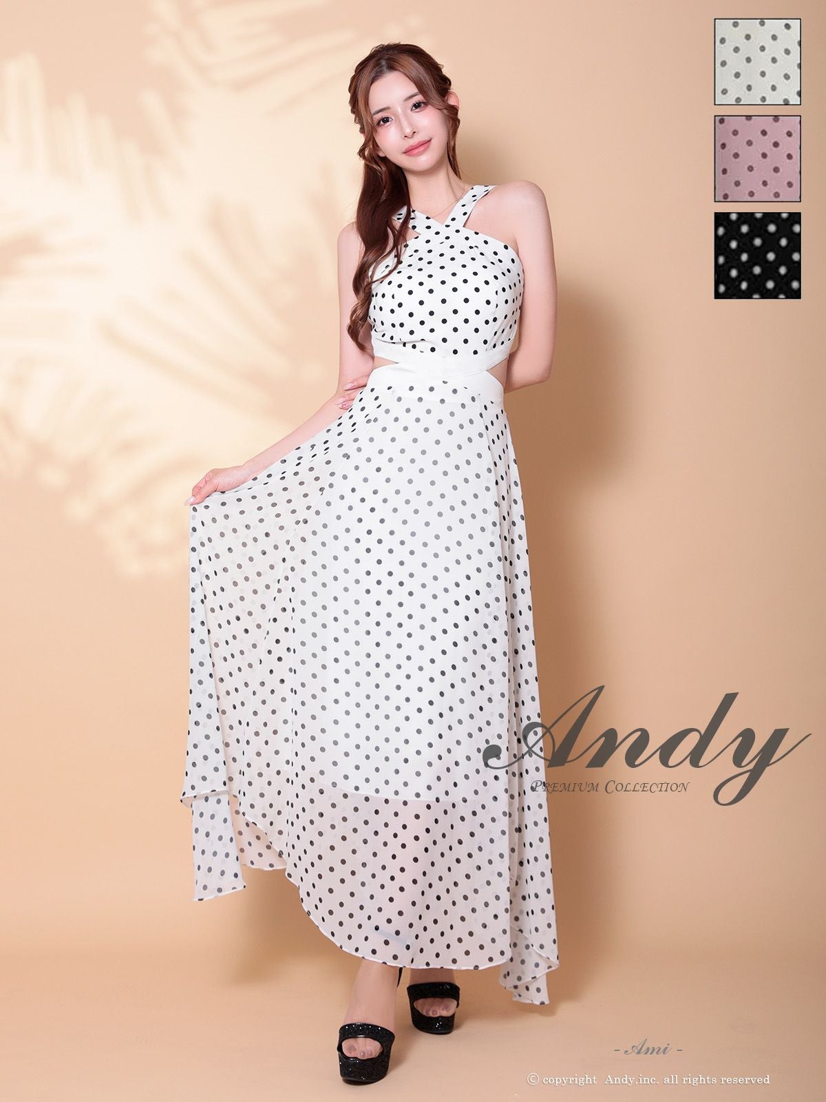 キャバドレス Andy アンディ ドット柄 カットアウト シフォン ホルターネック Aラインロングドレス