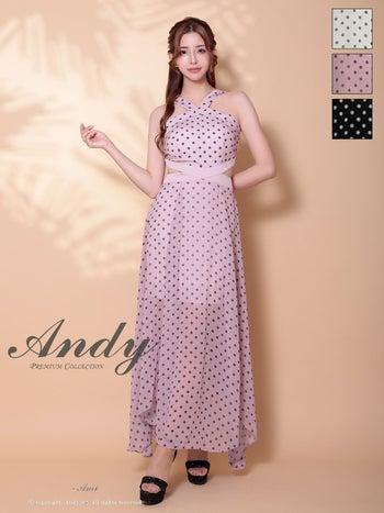 キャバドレス Andy アンディ カットアウト ドット柄 シフォン ホルターネック Aラインロングドレス