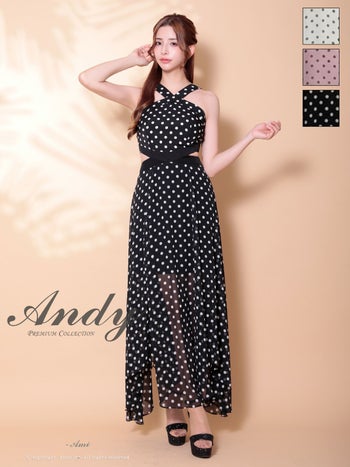 キャバドレス Andy アンディ シフォン カットアウト ドット柄 ホルターネック Aラインロングドレス