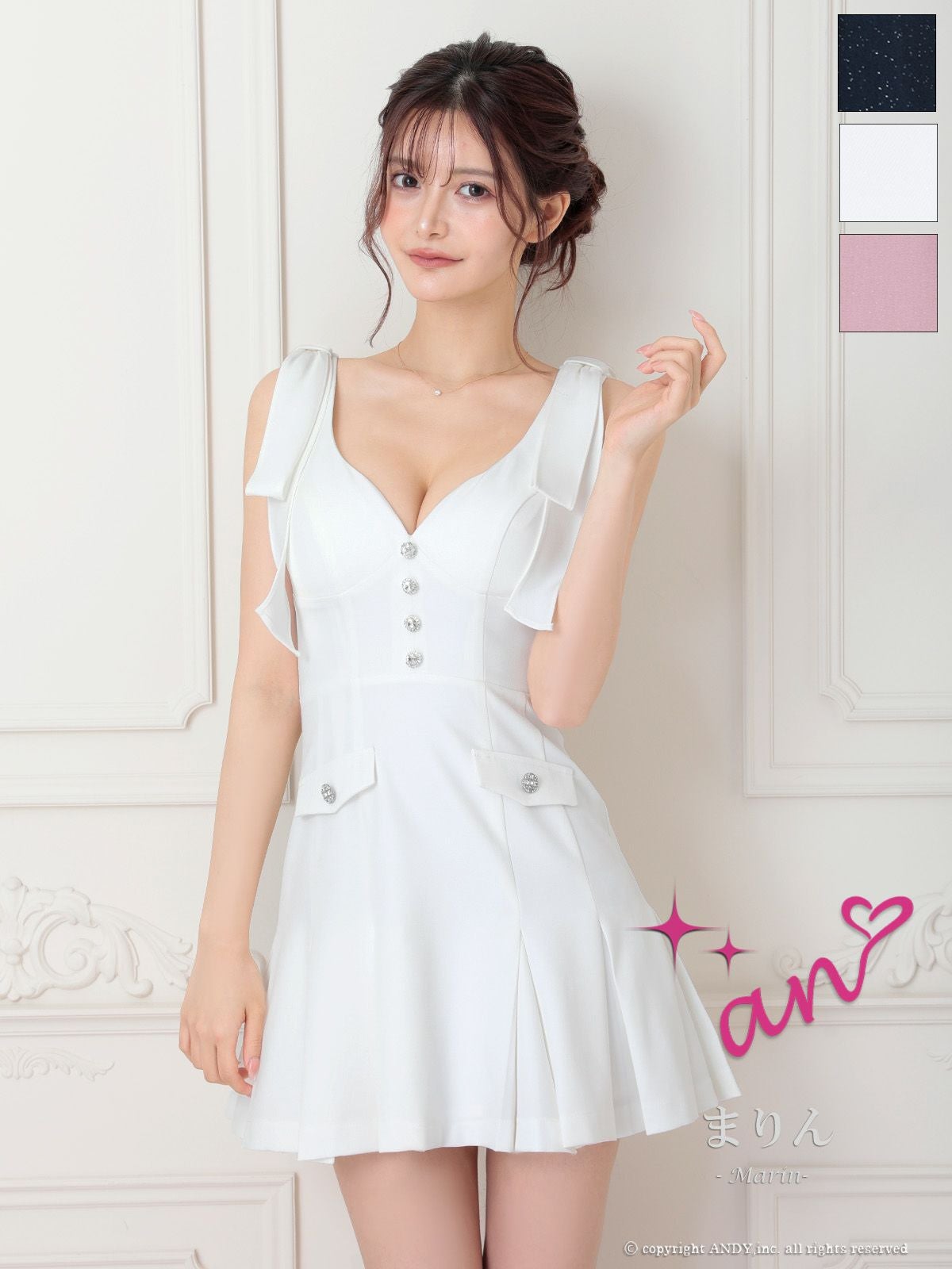 キャバドレス an アン リボン フロントボタン プリーツ Vカット ワンカラー ノースリーブ フレアミニドレス