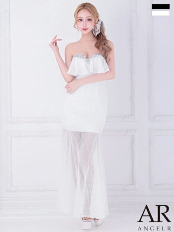 キャバドレス Angel R エンジェルアール 2way ベアトップ キャミソール バストフリル ビジュー ラメライン セクシー タイトロングドレス