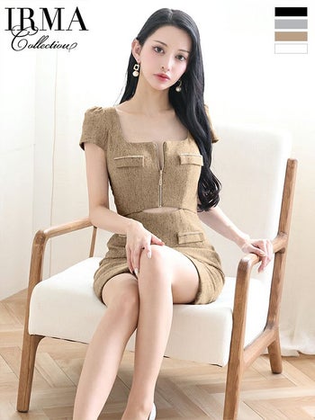 キャバドレス IRMA イルマ ラメ ツイード カットアウト チェーン スクエアネック ジップデザイン 半袖 タイトミニドレス