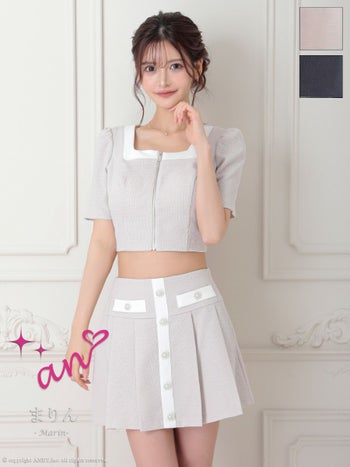 キャバドレス an アン ジップデザイン セットアップ 袖あり バイカラー スクエアネック 飾りポケット 飾りボタン プリーツ フレアミニドレス