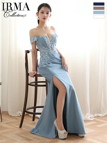 キャバドレス IRMA イルマ リーフ柄 シアー スリット ワンカラー バックスピンドル オフショルダー タイトロングドレス