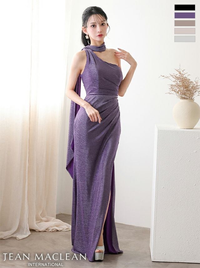 キャバドレス JEANMACLEAN ジャンマクレーン ラメ スリット ワンカラー ストール ワンショルダー タイトロングドレス