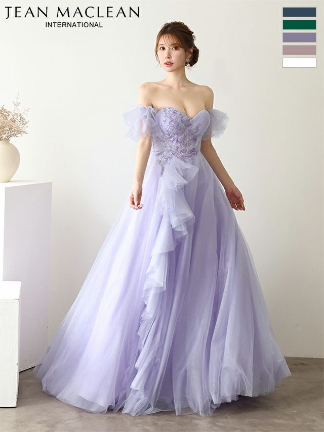 キャバドレス JEANMACLEAN ジャンマクレーン スパンコール シアーレース バックスピンドル パフスリーブ フレア バースデー オフショルダー Aラインロングドレス