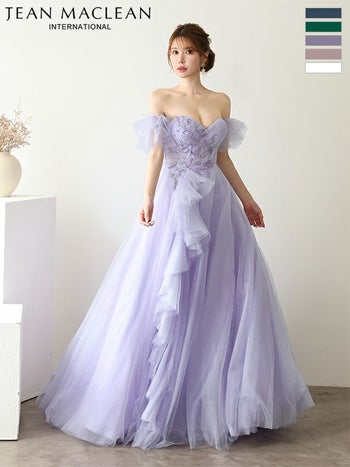 キャバドレス JEANMACLEAN ジャンマクレーン スパンコール シアーレース バックスピンドル パフスリーブ フレア バースデー オフショルダー Aラインロングドレス