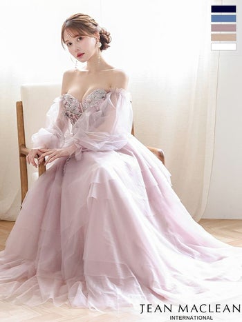 キャバドレス JEANMACLEAN ジャンマクレーン フラワーレース シアースリーブ フレア バックスピンドル バースデー オフショルダー Aラインロングドレス