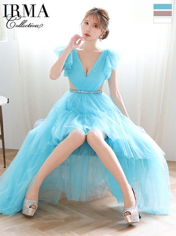 キャバドレス IRMA イルマ ビジュー くびれ透け クロスネック バースデー フレア 半袖 ロングテールドレス