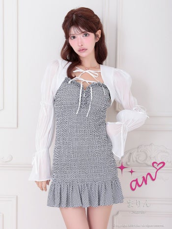 キャバドレス an アン ボレロ チェック柄 ジップデザイン フリル ストレッチ キャミソール フレアミニドレス