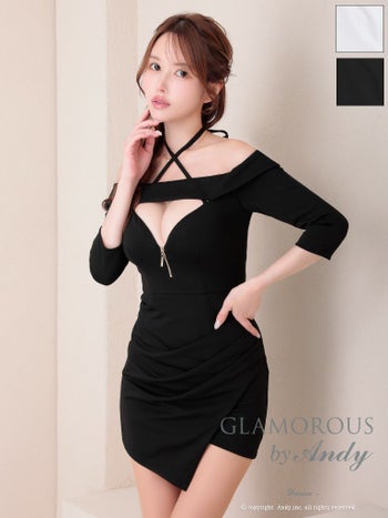キャバドレス GLAMOROUS グラマラス クロスネック アシンメトリー ジップデザイン オフショルダー 袖あり タイトミニドレス