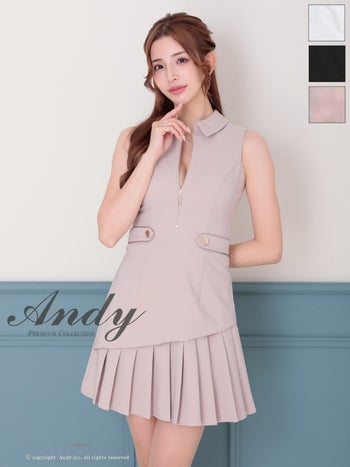 キャバドレス Andy アンディ ノースリーブ プリーツ ジップデザイン 飾りボタン 襟つき フレアミニドレス