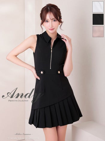 キャバドレス Andy アンディ ジップデザイン ノースリーブ プリーツ 飾りボタン 襟つき フレアミニドレス