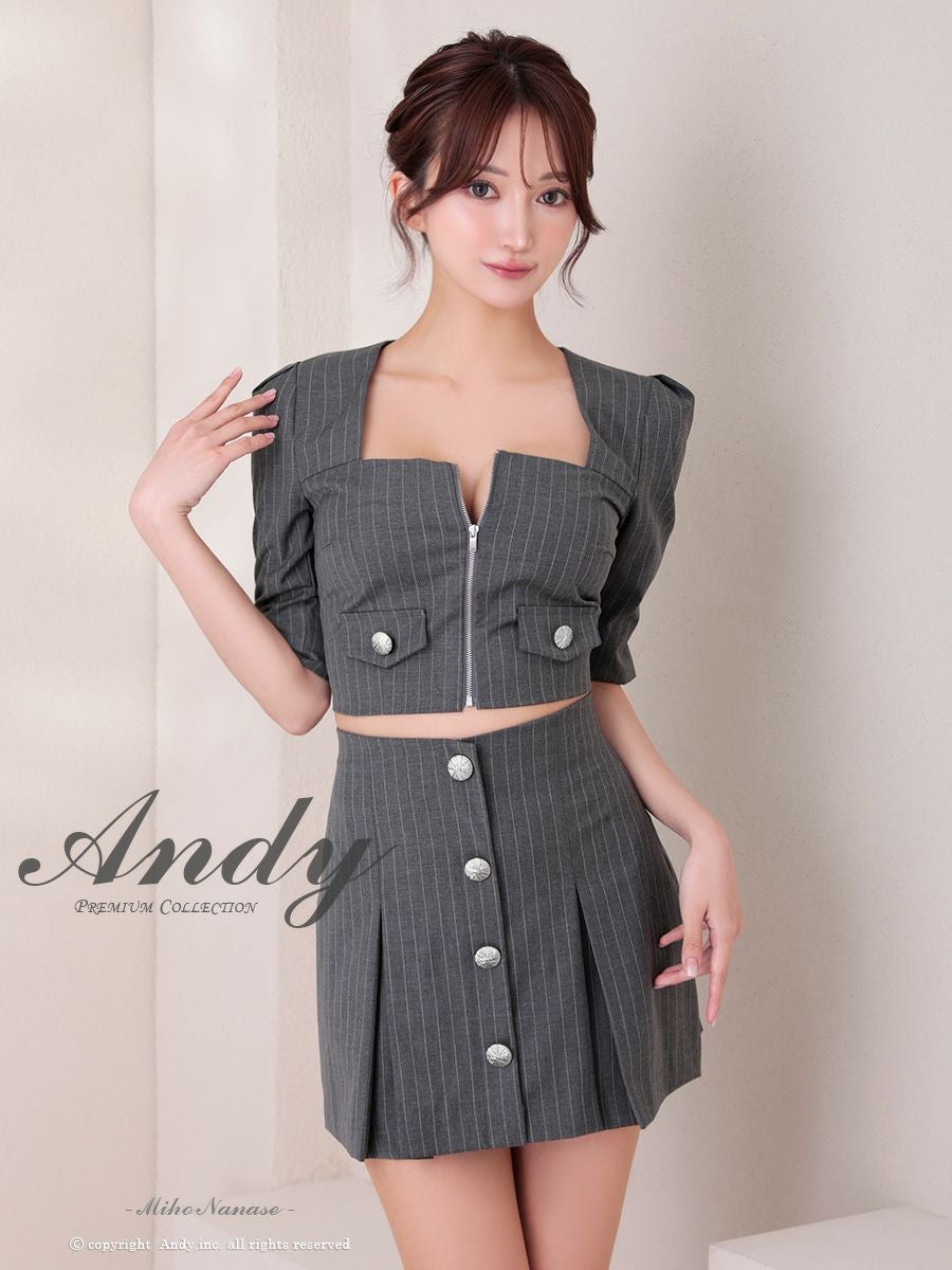 キャバドレス Andy アンディ 袖あり ジップデザイン セットアップ 飾りボタン 飾りポケット スクエアネック プリーツ ストライプ フレアミニドレス
