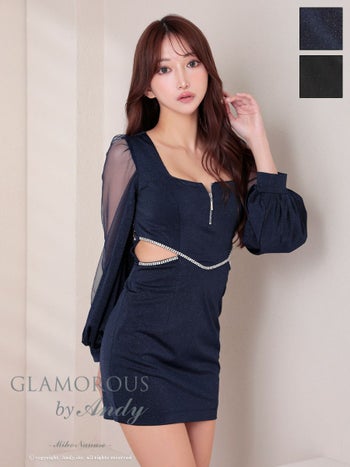 キャバドレス GLAMOROUS グラマラス 長袖 くびれ透け ジップデザイン スクエアネック ラメ シアースリーブ ビジュー タイトミニドレス