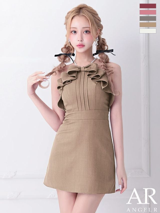 キャバドレス Angel R エンジェルアール パールショルダー フリルリボン ガーリー キャミソール フレアミニドレス