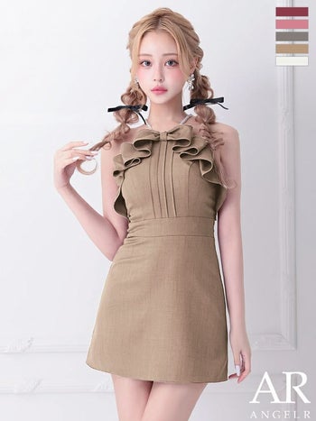 キャバドレス Angel R エンジェルアール パールショルダー フリルリボン ガーリー キャミソール フレアミニドレス