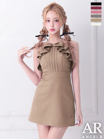 キャバドレス Angel R エンジェルアール パールショルダー フリルリボン ガーリー キャミソール フレアミニドレス