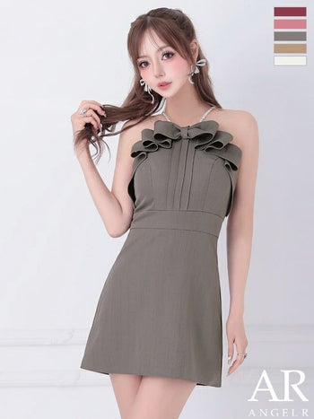 キャバドレス Angel R エンジェルアール フリルリボン ガーリー キャミソール パールショルダー フレアミニドレス