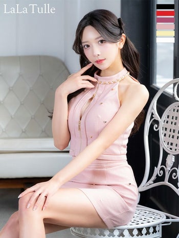 キャバドレス ROBEdeFLEURS ローブドフルール ハートスタッズ セットアップ チェーン ガーリー ジップデザイン ホルターネック タイトミニドレス