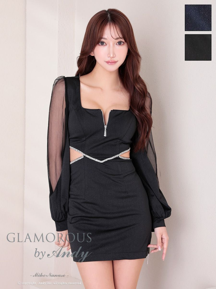 キャバドレス GLAMOROUS グラマラス くびれ透け 長袖 ジップデザイン スクエアネック ラメ シアースリーブ ビジュー タイトミニドレス