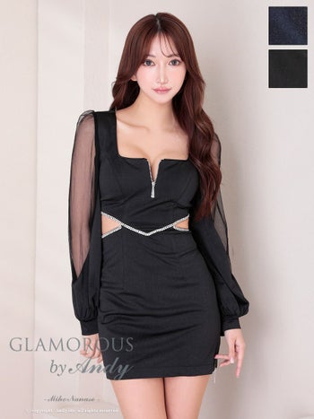 キャバドレス GLAMOROUS グラマラス くびれ透け 長袖 ジップデザイン スクエアネック ラメ シアースリーブ ビジュー タイトミニドレス