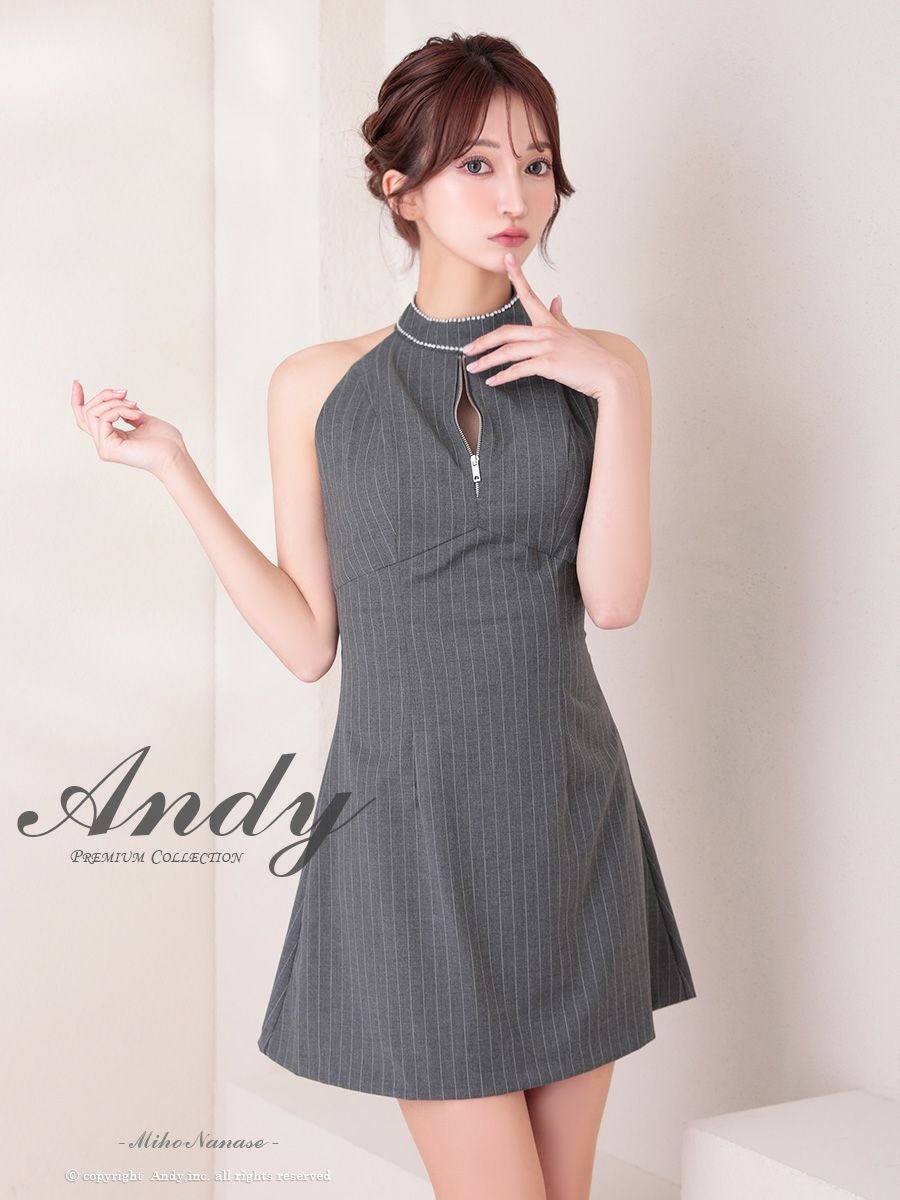 キャバドレス Andy アンディ ホルターネック ジップデザイン ハイネック ストライプ ビジューライン バックリボン フレアミニドレス