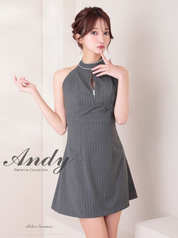 キャバドレス Andy アンディ ホルターネック ジップデザイン ハイネック ストライプ ビジューライン バックリボン フレアミニドレス