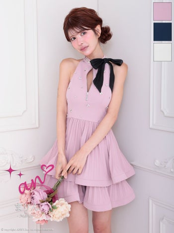 キャバドレス an アン ホルターネック ジップデザイン ハイネック リボン ビジュー フリル ティアード フレアミニドレス