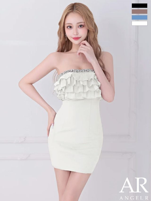 キャバドレス Angel R エンジェルアール ベアトップ フリル ビジュー フェミニン タイトミニドレス