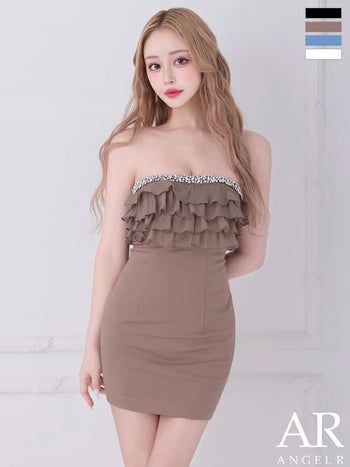 キャバドレス Angel R エンジェルアール ビジュー フェミニン ベアトップ フリル タイトミニドレス