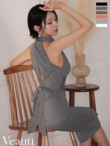 キャバドレス Veautt ヴュート エレガント ホルターネック ウエストマーク バックオープン リボン 膝丈ドレス