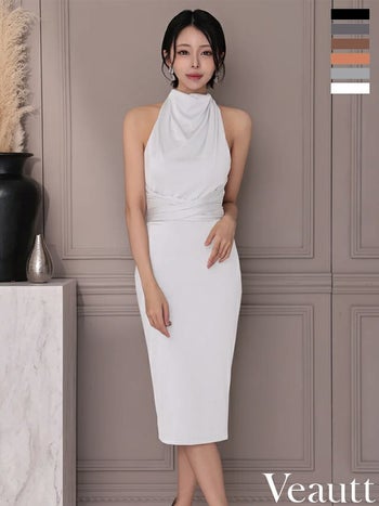 キャバドレス Veautt ヴュート ホルターネック ウエストマーク バックオープン エレガント リボン 膝丈ドレス