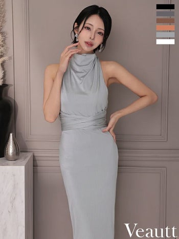 キャバドレス Veautt ヴュート リボン ホルターネック ウエストマーク バックオープン エレガント 膝丈ドレス