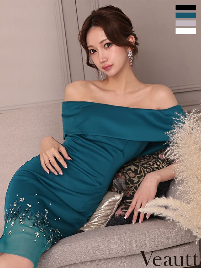 キャバドレス Veautt ヴュート エレガント オフショルダー フラワーレース ビジュー シアー切替 膝丈ドレス