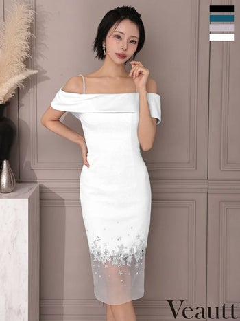 キャバドレス Veautt ヴュート オフショルダー フラワーレース ビジュー シアー切替 エレガント 膝丈ドレス