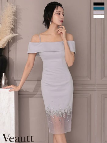 キャバドレス Veautt ヴュート フラワーレース ビジュー シアー切替 エレガント オフショルダー 膝丈ドレス