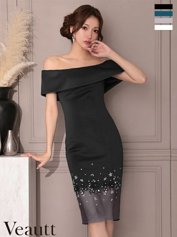 キャバドレス Veautt ヴュート ビジュー シアー切替 エレガント オフショルダー フラワーレース 膝丈ドレス