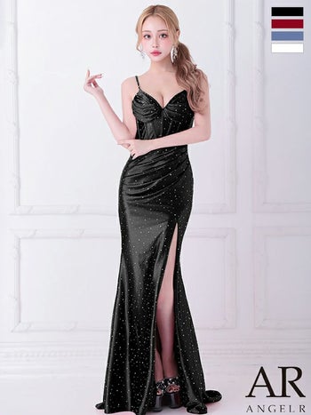 キャバドレス Angel R エンジェルアール オープンバスト タックデザイン ビジュー スリット セクシー キャミソール タイトロングドレス