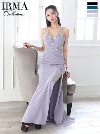 キャバドレス IRMA イルマ バックレースアップ くびれ透け ビジュー スリット ノースリーブ タイトロングドレス