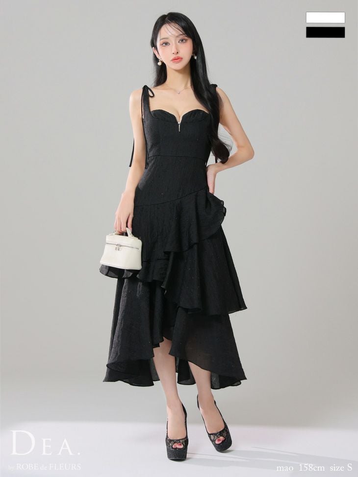キャバドレス DEA.by ROBE de FLEURS ディア ノースリーブ リボン オープンバスト ジップデザイン ビジュー ジャガード フリル ティアード ドット柄 エレガント Aラインロングドレス
